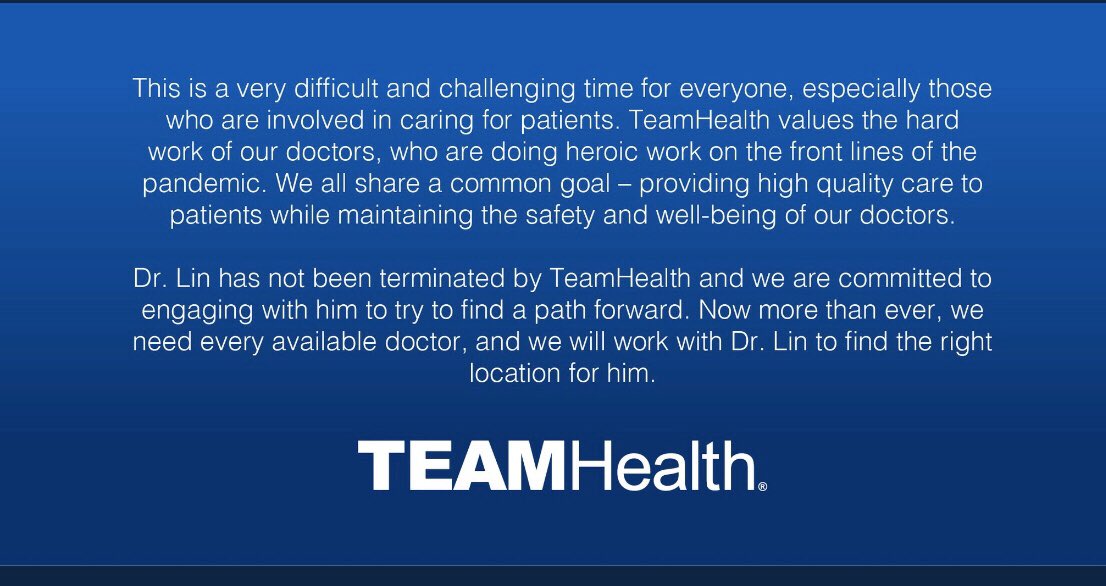 QuakerNana's tweet photo. @DrDenaGrayson Note posted from @teamhealth about #DrLin
Guess they received a lot of pushback from social media and his colleagues https://t.co/BwWVKalKOv