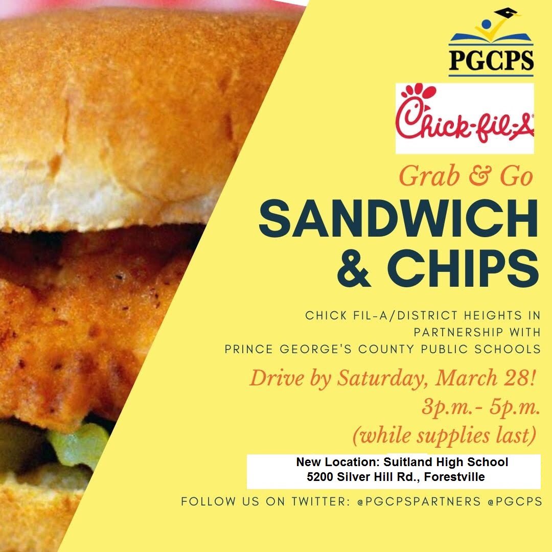 PGCPSPartners's tweet image. Drive by TODAY, 3-5pm, our #PGCPSPartner @DH_ChickfilA 👏🏽to receive your  #GrabAndGo chicken sandwiches/chips to families of their @pgcps adopted schools @beanes0008 and William Hall Academy. 

First come, first serve 😊. @Suitlandhighs 
5200 Silver Hill Rd, Forestville