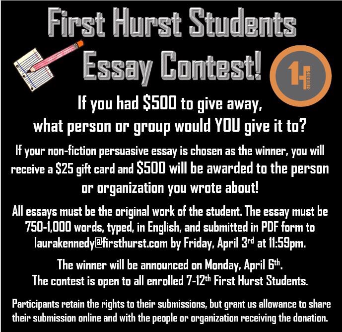 We want YOU! To participate in the first ever first hurst student essay contest! Enter to win a 500$ donation to the charity or cause you feel has been most effected by this crisis!