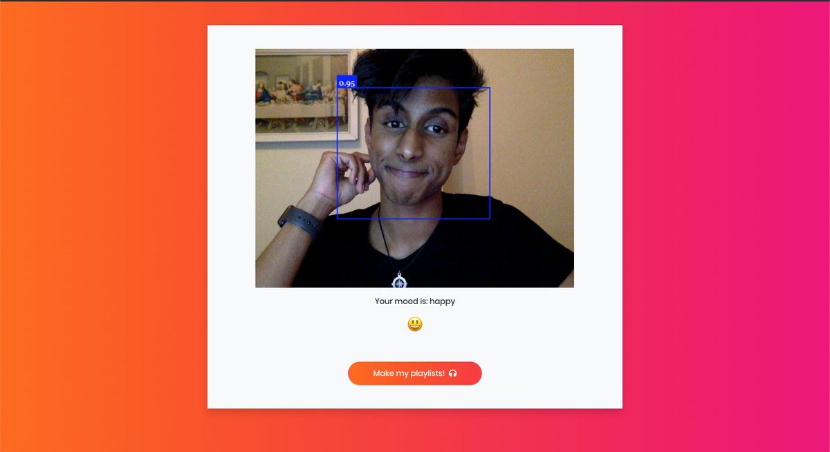 pierrecodes's tweet image. Working on a new React project for my Computational Creativity module at university. I've been playing around with #FaceAPI and #SpotifyAPI to create playlists for you depending on what your mood is. Both are very easy to use and nicely documented APIs!