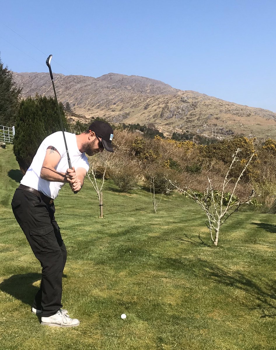 Nice backdrop for the tee shot on the tough second hole on “The High Chaparral Garden Course”! Danger awaits to the left with the kale and potato patch! This is what home golf is now like with the lockdown! #cahamountains #ireland #golf #gardengolf #golfathome