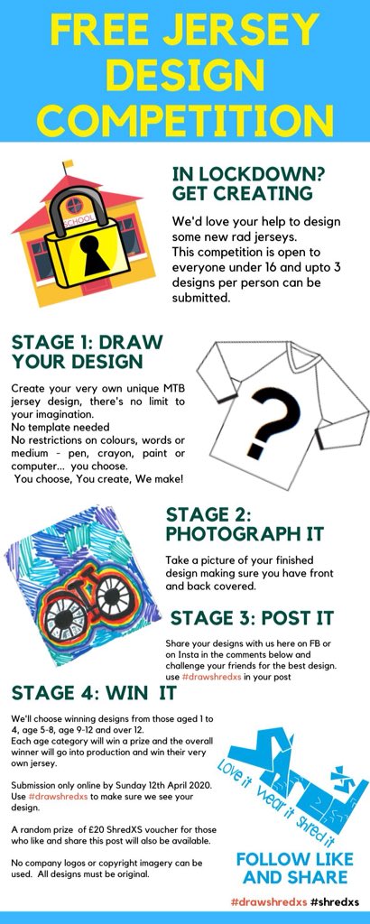 shredxs's tweet photo. LOCKDOWN COMPETITION TIME Are you bored? Needing to keep entertained? Check out our new #drawshredxs Jersey Competition!
All you need to do is draw an awesome and unique design
Closes on SUNDAY 12th APRIL GOOD LUCK!
#lockdown #stayathome #shredxs #competition https://t.co/wB1qZbawwl