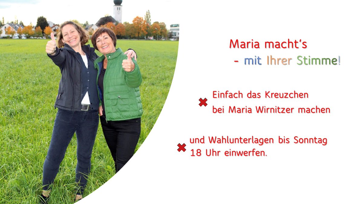 Ich bitte um Eure Stimme, bitte gebt die Wahlunterlagen bis Sonntag um 18 Uhr direkt bei der Gemeinde ab!

Herzlichen Dank
Ihre Maria Wirnitzer

#Vaterstetten #bürgermeister #wahl #stichwahl #kompetent #erfahren #sozial #SPD