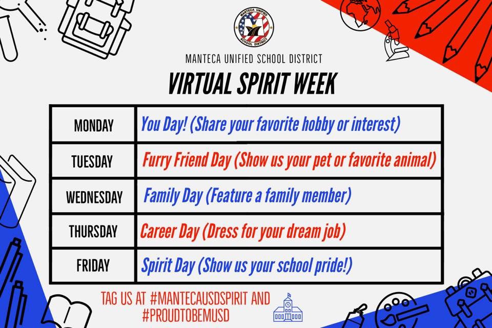 MUSD Virtual Spirit Week! Post your photos and use hashtags #MantecaUSDspirit and #WRHSstayintheden 🐾 MARCH 30- APRIL 3