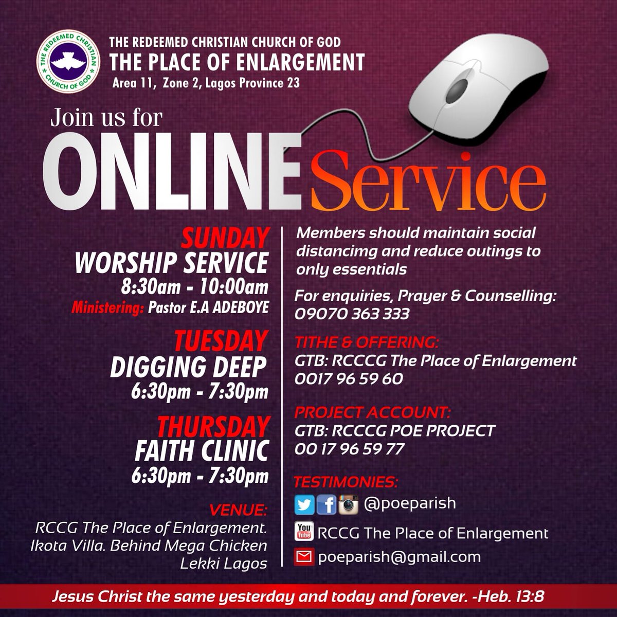 poeparish's tweet photo. Be part of our online services.
We bless Lord for everything at this time.
Please, adhere to all precautions and be safe.
We believe God strongly that He will glorify Himself and touch all nations of the world.

God bless you. https://t.co/VXKCMO5cGz