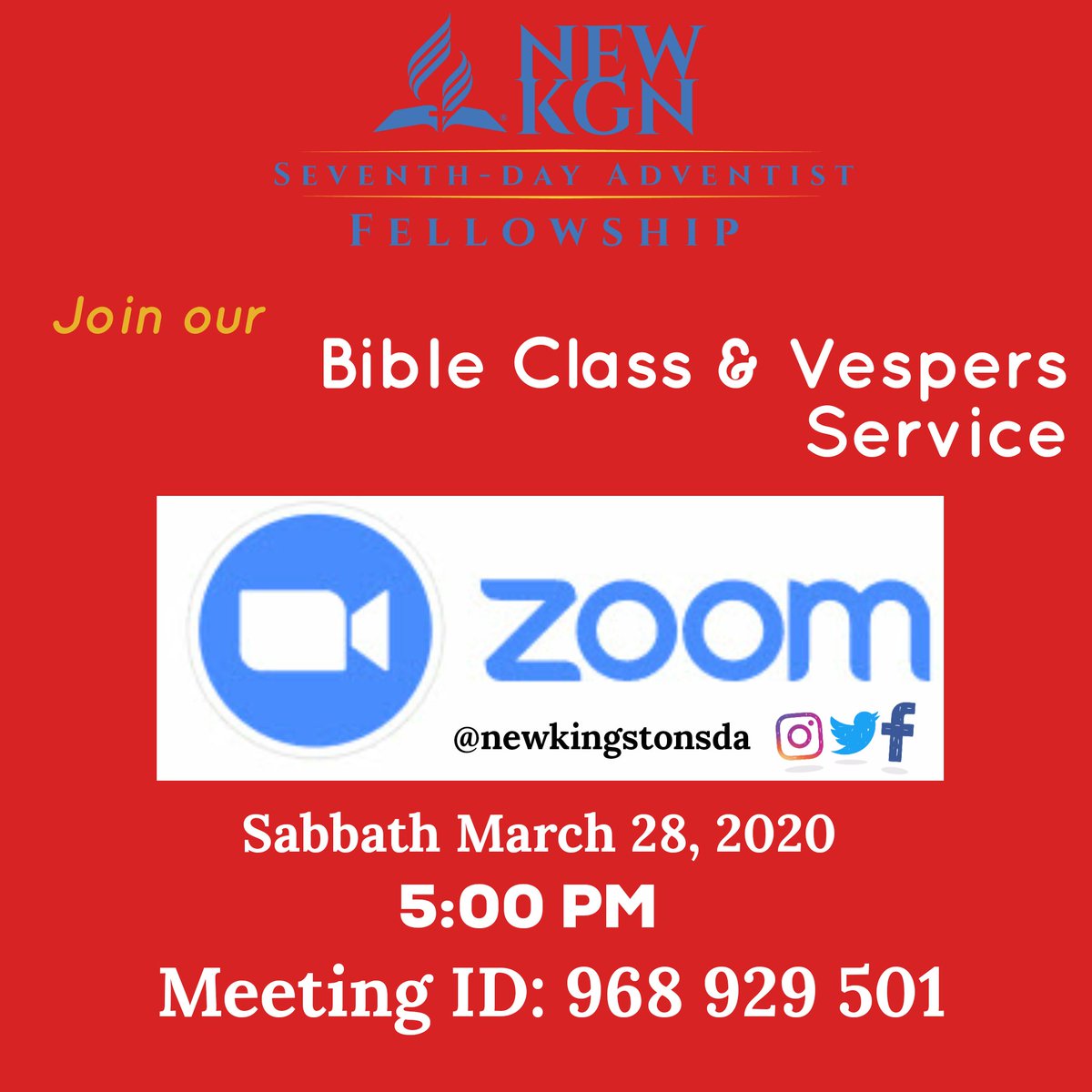 newkingstonsda's tweet photo. We anticipate your participation in our #BibleClass and #VespersService at 5:00 pm.β β
The link to the zoom meeting is here π
https://t.co/wc8qwha9Vp
#BibleStudy
#SabbathSomethingβ
#SocialMediaMinistryβ β β β
#SocialDistanacingβ β
#NKSDA https://t.co/Dd838ApA4D
