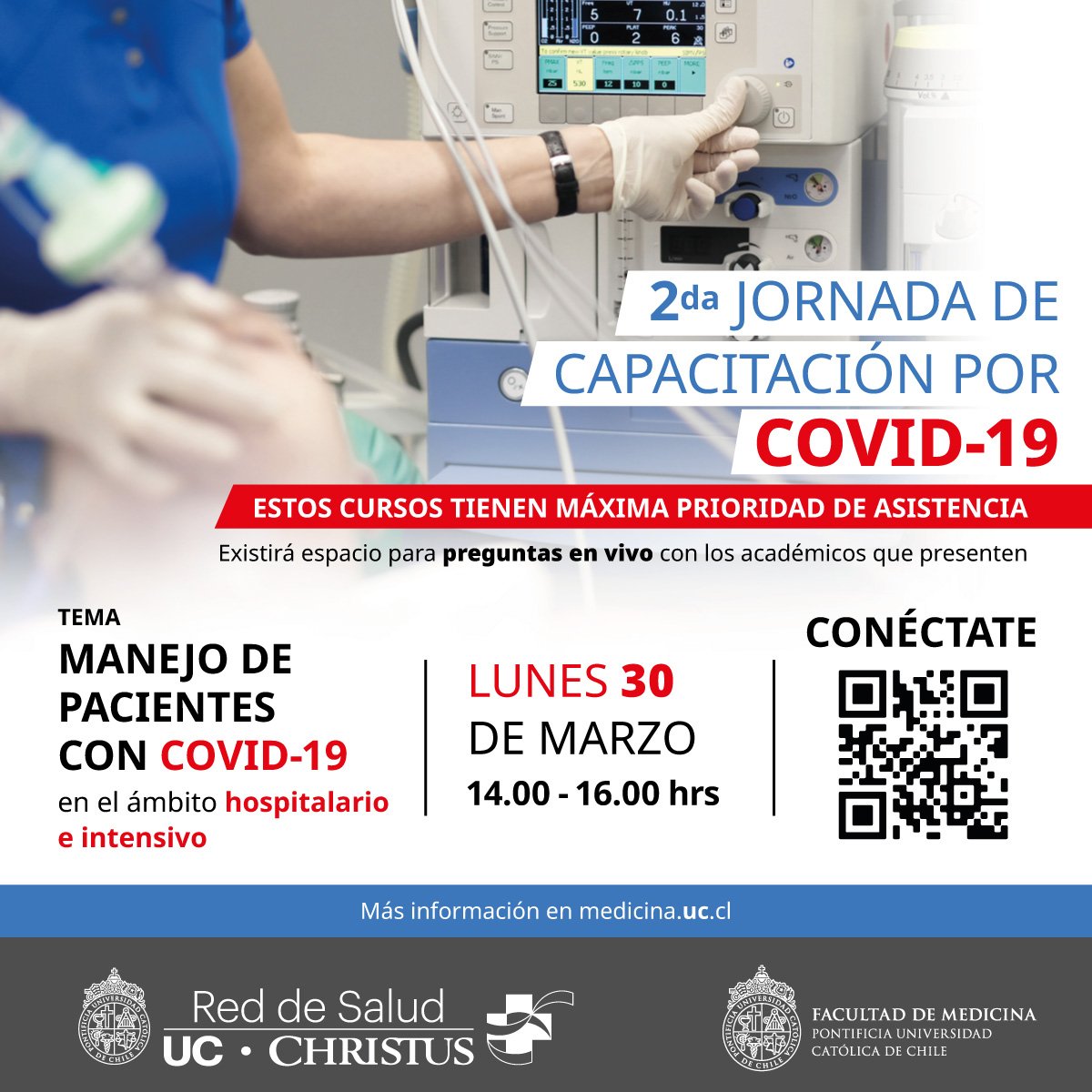FacMedicinaUC's tweet photo. #MedUC y la Red de Salud @ucchristus detallan a personal de la salud cómo tratar pacientes con #Covid19 y responden dudas en una jornada de conversación que será transmitida hoy desde las 14:00 horas. Revisa aquí el programa 👉 https://t.co/fbubmZGZUP https://t.co/dSr1wk3wmy