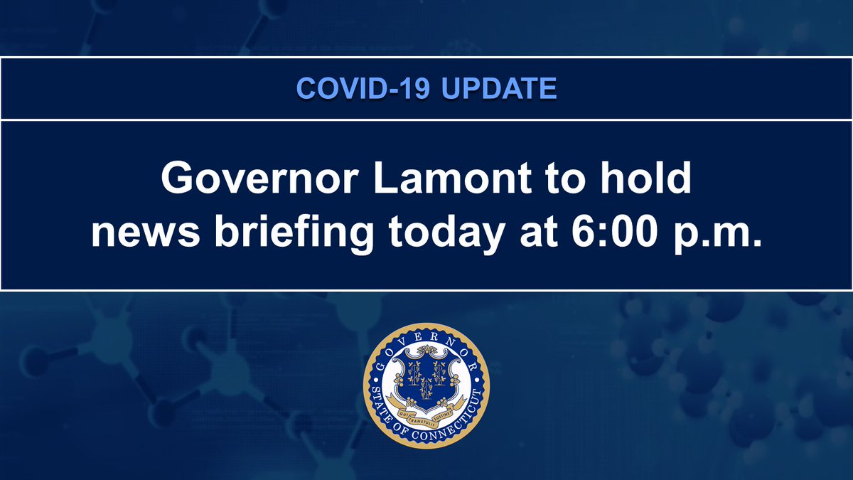 HAPPENING SOON: I will hold a news briefing to provide updates on Connecticut's #COVID19 response efforts today at 6:00 p.m.

📺Watch it live online here: youtu.be/AkRmtaC1zQs
