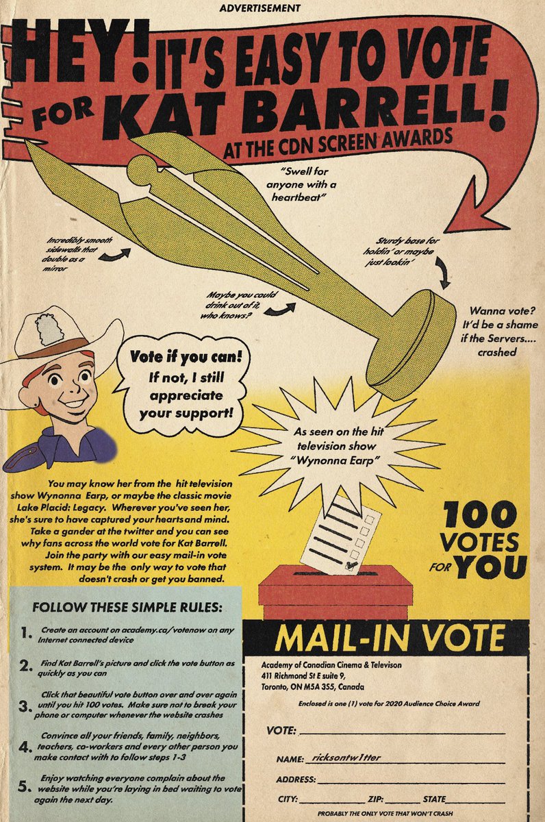 Earp_Peacemaker's tweet photo. These r ur concise voting instructions, courtesy of Mr @ricksontw1tter
Rick knows, you know ๐
https://t.co/kERePGBxua
#KatBarrell
#VoteForKat
#EarperCoalition
#Earpers #PoliteNoChill
#FightForWynonna
#EarpNow #Earper
#WayHaught
#WynonnaEarp
#CdnScreenAwards
#TacoParty๐ฎ๐ฝ https://t.co/gCbGAkqJoL