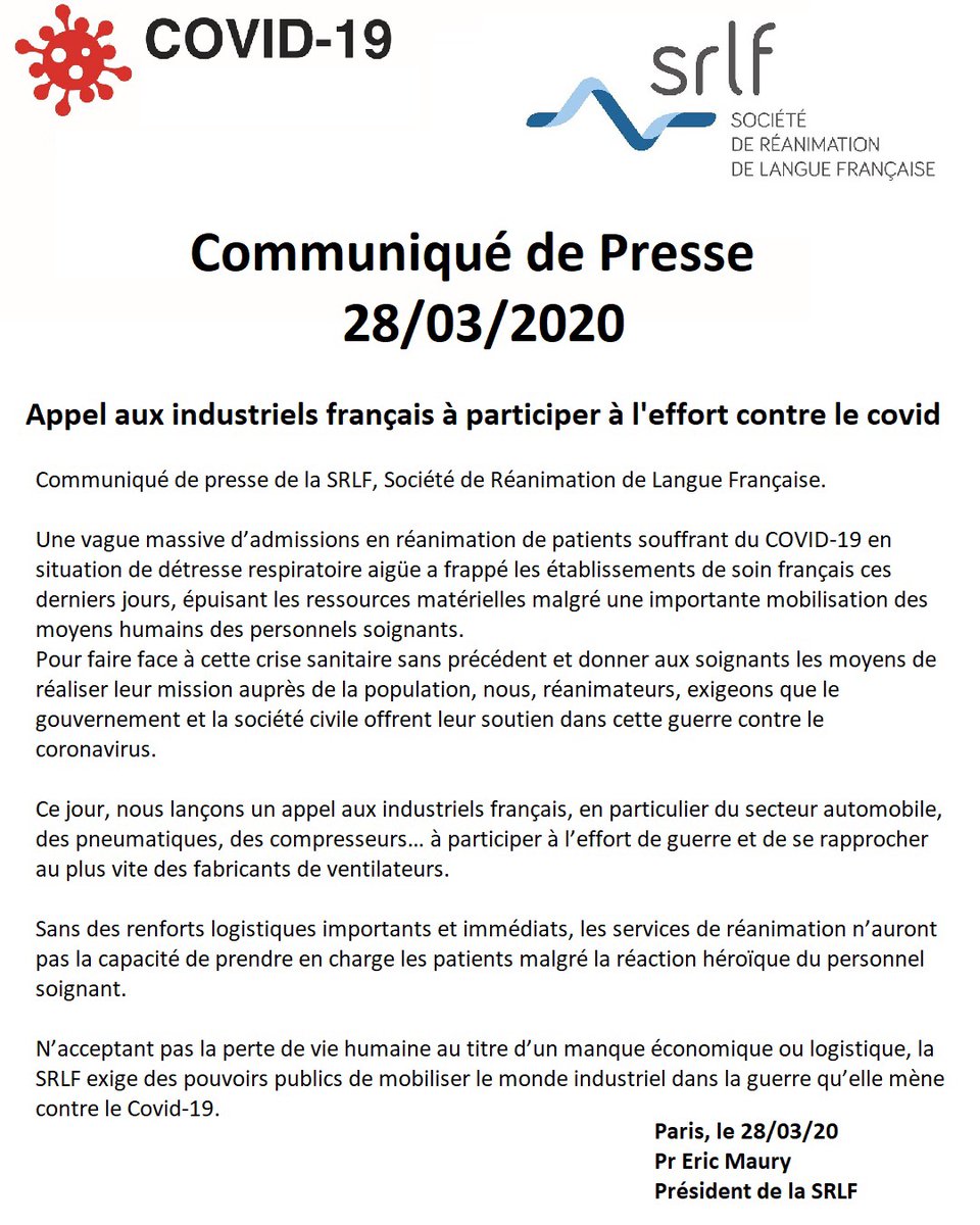 Communiqué de presse : la SRLF appelle les industriels français à participer à l’effort contre le #COVID srlf.org/appel-industri…