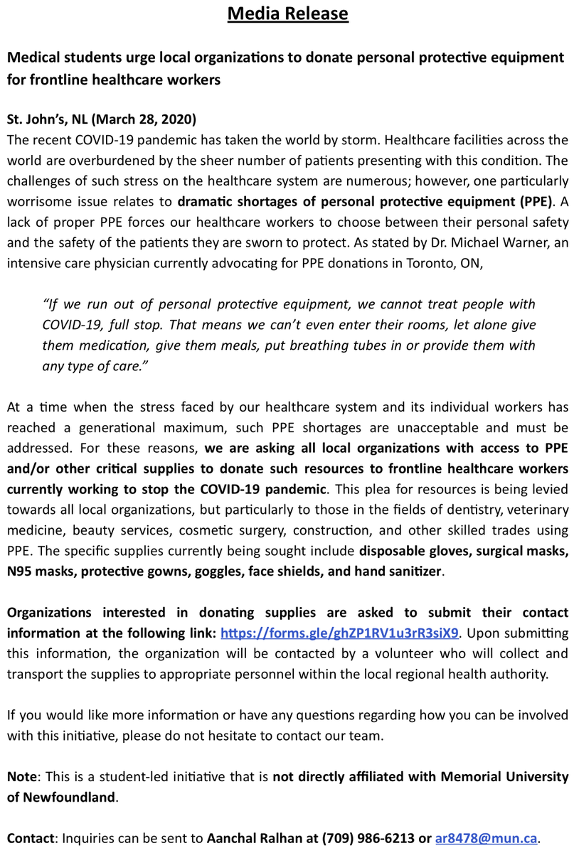 ATTN: Please see the attached media release regarding our student-led initiative to collect PPE for frontline healthcare workers in NL. Please help us out by a) sharing this around, and b) signing up to donate PPE at the following link: forms.gle/ghZP1RV1u3rR3s….
