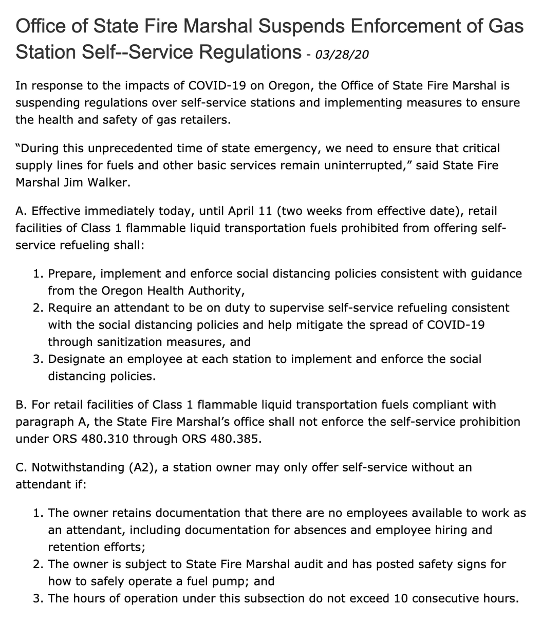To combat coronavirus, Oregon is allowing drivers to pump their own gas. 

(until April 11)