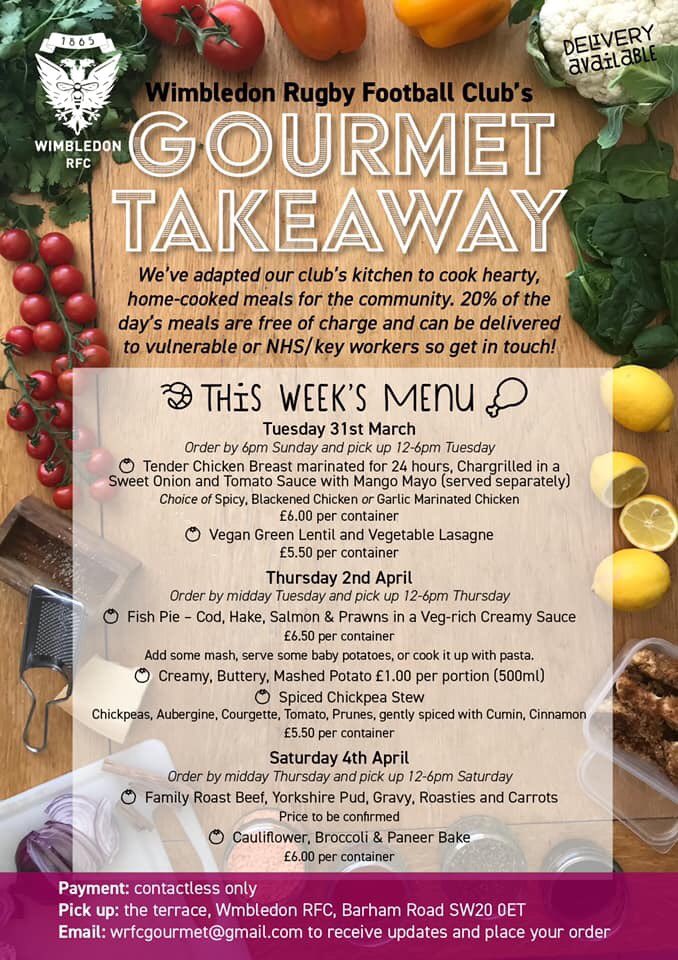 WimbledonRFC's tweet photo. After great reviews from Week 1, the menu for week 2 of Wimbledon RFC Gourmet has now been published!
Email wrfcgourmet@gmail.com to place your order.
#donsdinner #brothersbrunch https://t.co/rmuxKksKEL