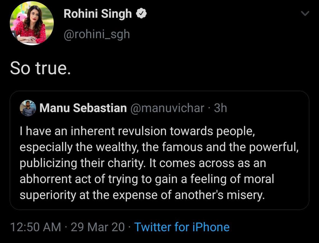 desimojito's tweet photo. Rohini spent entire week asking 'What about Ambani? What about Mahindra? What about Others?'

Now when everyone has donated, she is mocking them as show off &amp; 'feeling of moral superiority'!

Irony level: 2BHK https://t.co/aBppuxvuPf
