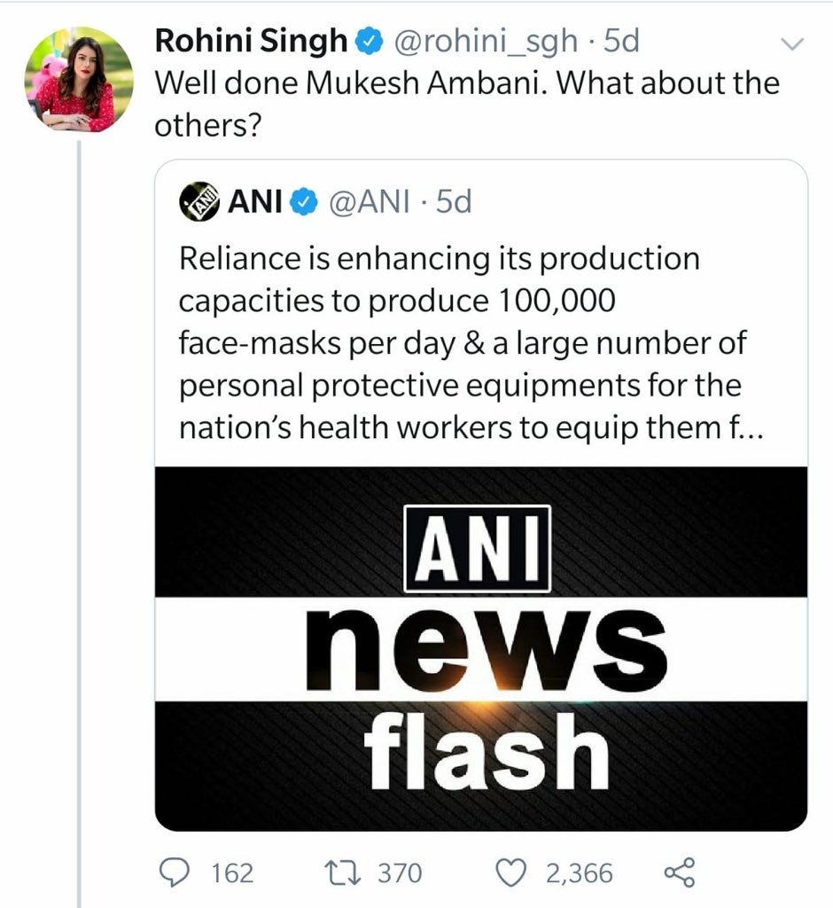 desimojito's tweet photo. Rohini spent entire week asking 'What about Ambani? What about Mahindra? What about Others?'

Now when everyone has donated, she is mocking them as show off &amp; 'feeling of moral superiority'!

Irony level: 2BHK https://t.co/aBppuxvuPf