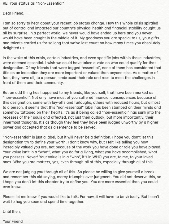cafresh's tweet image. I&apos;ve started noticing a trend with the folks in my circle that have been labeled as &quot;Non-Essential&quot;, almost as though that designation has sunk into their souls. So I decided to write them each this letter. #justalabel #notadefinition #mercyoverjudgment #leadwithlove