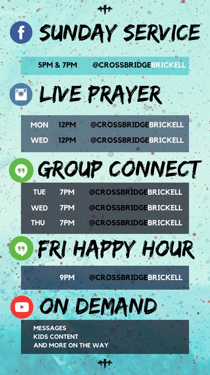 CrossbridgeBR's tweet photo. FYEncouragement: Our full updated schedule #COVID19 #StayHome #StayConnected

https://t.co/cTRVMlaYgS - Sunday Service

https://t.co/XANn78Pi6P - FB Live

https://t.co/vIxpWG4txb - Prayer

https://t.co/FJVJh0GJ6y - Group Hangouts

https://t.co/7UTD8i60Up - On Demand https://t.co/Tvlp8G5thF