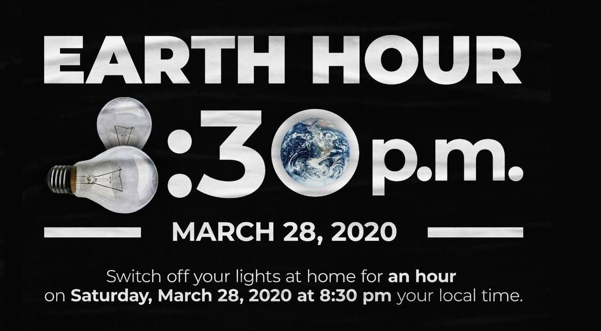 Tonight, as most of us are at home doing our part to #PlankTheCurve let's also remember to "Celebrate" #EarthHour 🌎 by Turning OFF all our Lights 💡, appliances and electronics.

Time: 8:30 - 9:30 PM
Place: Toronto 🇨🇦
Planet: Earth 😊

Spread the Word!! 🙏🏼