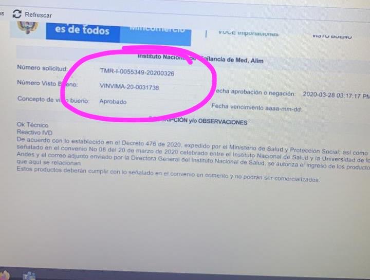 Registro INVIMA en tiempo récord del kit de detección que ya validamos con secretaría de salud de Bogotá, gracias ⁦<a href="/Uniandes/">Uniandes</a>⁩ <a href="/invimacolombia/">Invima</a>⁩ ⁦<a href="/INSColombia/">Instituto Nacional de Salud🇨🇴</a>⁩ ⁦<a href="/GencoreUniandes/">Gencore- Uniandes</a>⁩ ⁦<a href="/gabydel/">Gabriela Delgado</a>⁩