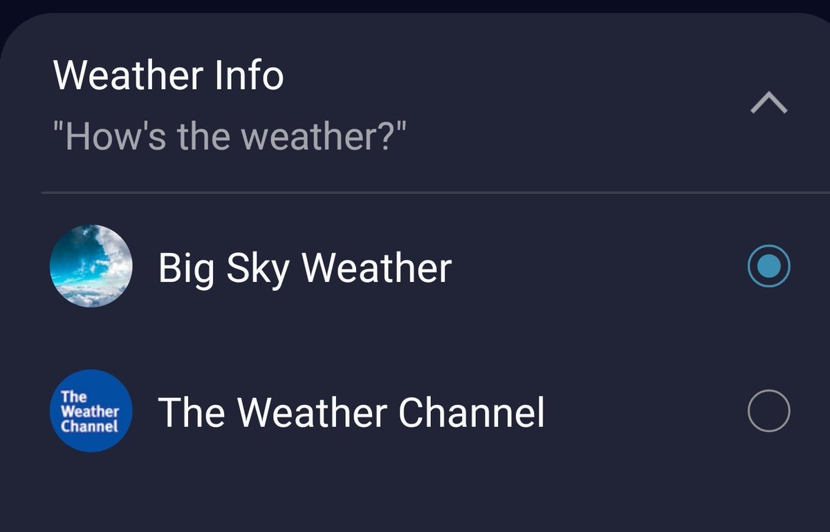 SArkonovich's tweet photo. On Bixby enabled Samsung phones, you can now choose Big Sky as the default weather. That's Samsung/Bixby really leveling the playing field for 3rd party devs. Amazing! https://t.co/mKA31OocSn