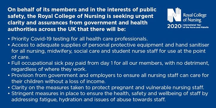theRCN's tweet photo. 📢 We're taking our members’ concerns directly to government. Here's what we're demanding the government do in response to COVID-19.
#COVID19 #coronavirus https://t.co/DcwqEFN02w