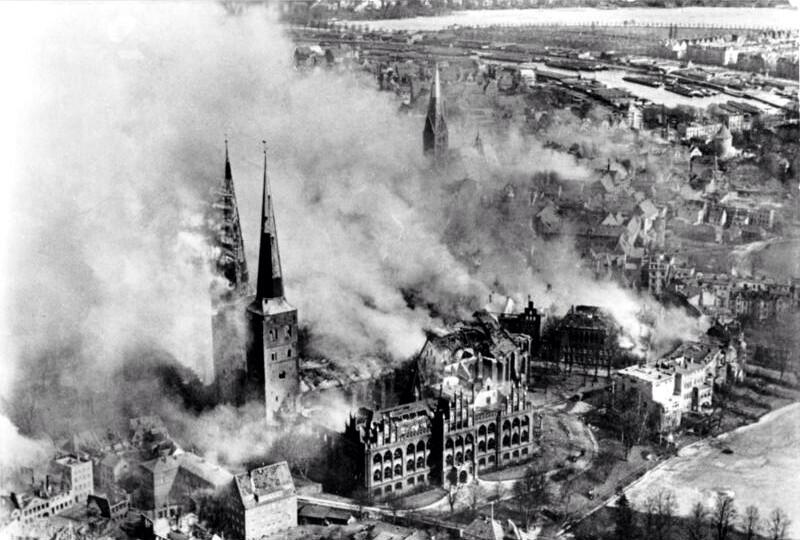 Royal Air Force have launched a vast bombing raid on Lübeck, Germany; 234 bombers start uncontrollable firestorm in historic medieval city: