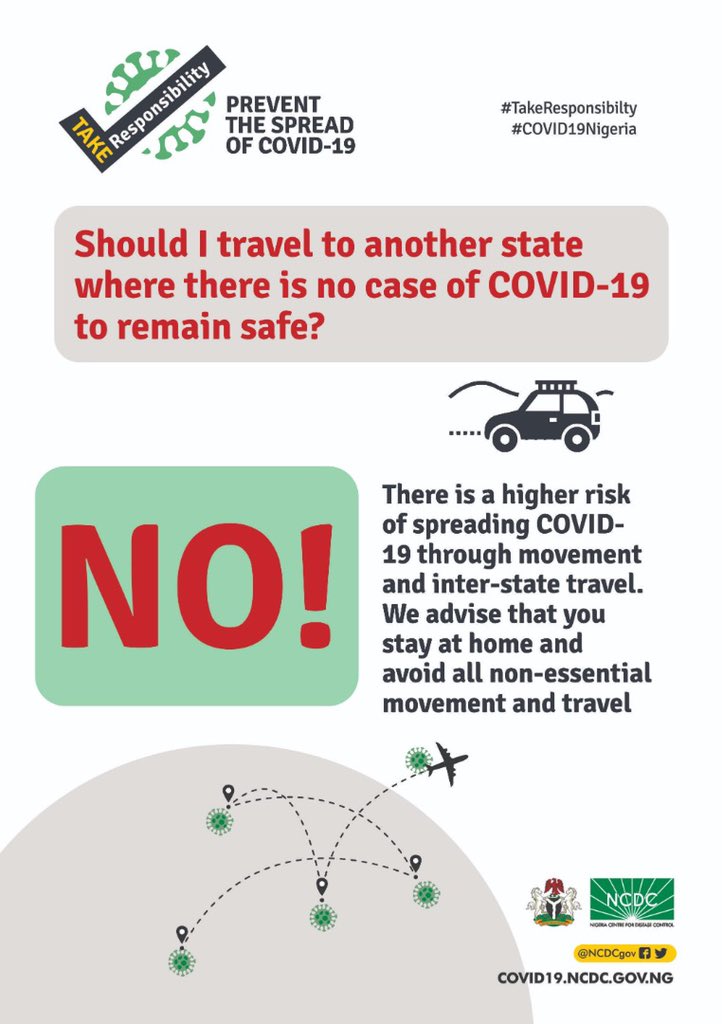 NCDCgov's tweet image. #COVID19Nigeria
#FrequentlyAskedQuestion

Do you know anyone planning to travel? Please share this important message

There is a higher risk of spreading #COVID19 through movements and travel. We advise that you stay at home and avoid all non-essential movements and travel