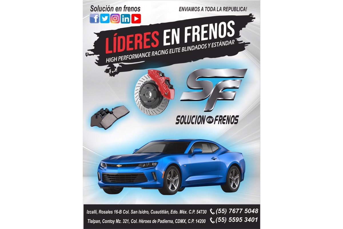 FrenosEdoMex's tweet photo. Frenos Perfectos Servício Automotriz 
Servicio de Afinación
Cambio de Frenos
Rectificado de discos
Venta de Balatas en cerámica
Cotiza ahora, marca:
+ Invernadero: 55-4437-3796
+ Rosales: 55-7677-5048
+ Las Torres: 55-8463-8229
#frenos 
#sinfrenos 
#autos 
#minicooper 
#camaro https://t.co/pPkh3kEGFI