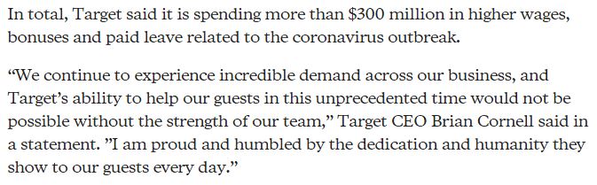 . @StarTribune:  @Target spending $300 million on pay raises, sick leave; donating $10 million to virus causes http://www.startribune.com/target-bumping-pay-extending-sick-leave-donating-10m-to-coronavirus-causes/568964462/ #DoGoodMN