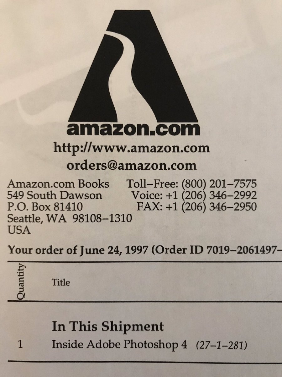 mcglinch's tweet photo. More golden oldies: 1997 @amazon receipt for Inside Photoshop 4 book. Years later @joshk would toss incoming employee amazon packages on the roof of conference rooms at @ebay’s #halfcom to shame them for buying from the competition. https://t.co/7c9Hc05Ig7