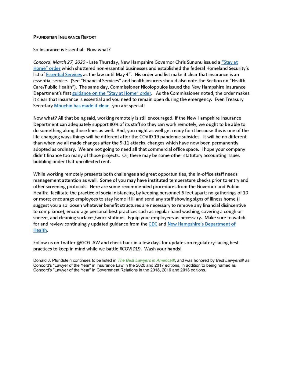 gcglaw's tweet photo. Insurance is deemed an Essential Service under NH’s #COVID19 Stay At Home order.  Now what?  Read the Pfundstein Insurance Report to learn more. https://t.co/4sXziSKRHR