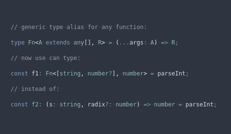mpidev's tweet photo. You can save a few characters in @typescript by declaring this generic function type alias. Especially useful for functions with many parameters. https://t.co/rswtVT4med