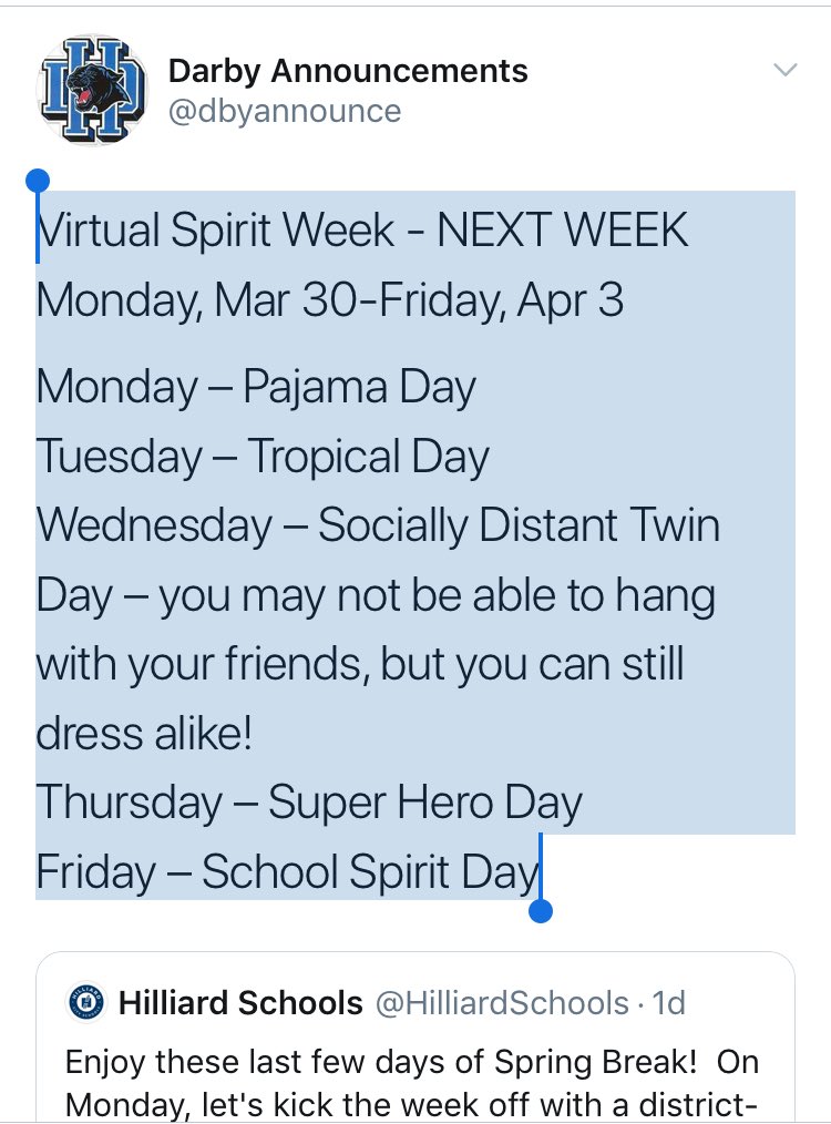 DBYYearbook's tweet photo. You KNOW we’re gonna want your pictures! Mix it up! Make some lemonade out of our current lemons. Dress up the nearest pet. Have some fun from your quarantine cave. #yearbooklove #hilliarddarby #hcsdigitalspiritweek https://t.co/QwmNoPvQHo
