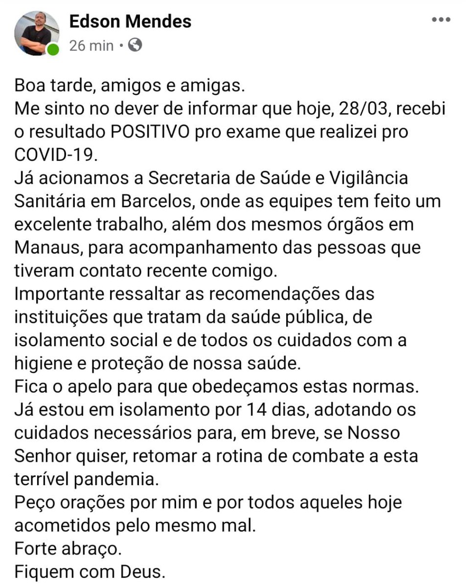 socioambiental's tweet photo. 🔴 Grave! O prefeito de Barcelos (AM), Edson Mendes, publicou hoje (28) nas redes sociais que testou positivo para #Covid19. Uma grave ameaça para a dezenas de famílias indígenas e ribeirinhas. O @MPF_PGR oficiou a SUSAM para implementar ações imediatas de contingência. https://t.co/H2eXOlJyKX