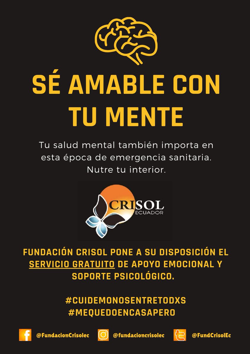 FundCrisolEc's tweet photo. Fundación Crisol pone a su disposición el SERVICIO GRATUITO de APOYO EMOCIONAL Y SOPORTE PSICOLÓGICO.

Contáctanos a través de nuestras redes sociales o déjanos tu número telefónico y nos pondremos en contacto contigo.
#CuidemonosEntreTodos #CODVID19 #mequedoencasapero https://t.co/46MrXRpywV
