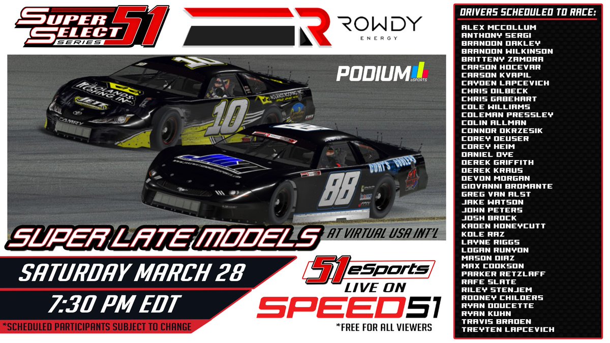2nd Race of the 51 Select Series tonight. Click the link to watch the race live speed51.com/51selectseries/. Thanks @speed51dotcom @S51esports <a href="/rowdyenergy/">Rowdy Energy</a> and <a href="/PFCbrakes/">PFC</a> for putting this all together. #51eSports #51SelectSeries
