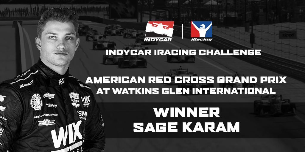 IndyCar's tweet photo. Your winner for the first race in the INDYCAR iRacing Challenge. @SageKaram takes the checkered for the American Red Cross Grand Prix at Watkins Glen!
#INDYCAR // #INDYCARChallenge // @iracing // @WGI https://t.co/OOK6yC1mfY