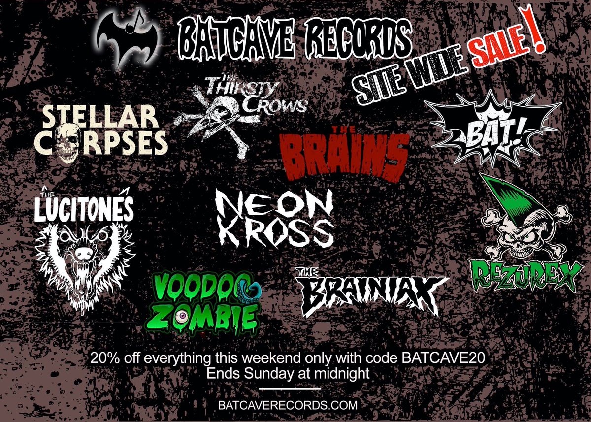 MERCH SALE: until Sunday at midnight, get 20% off all BAT! merch and the entire Batcave Records store. PROMO CODE: BATCAVE20. Now’s the time. Shop at batcaverecords.com 🦇