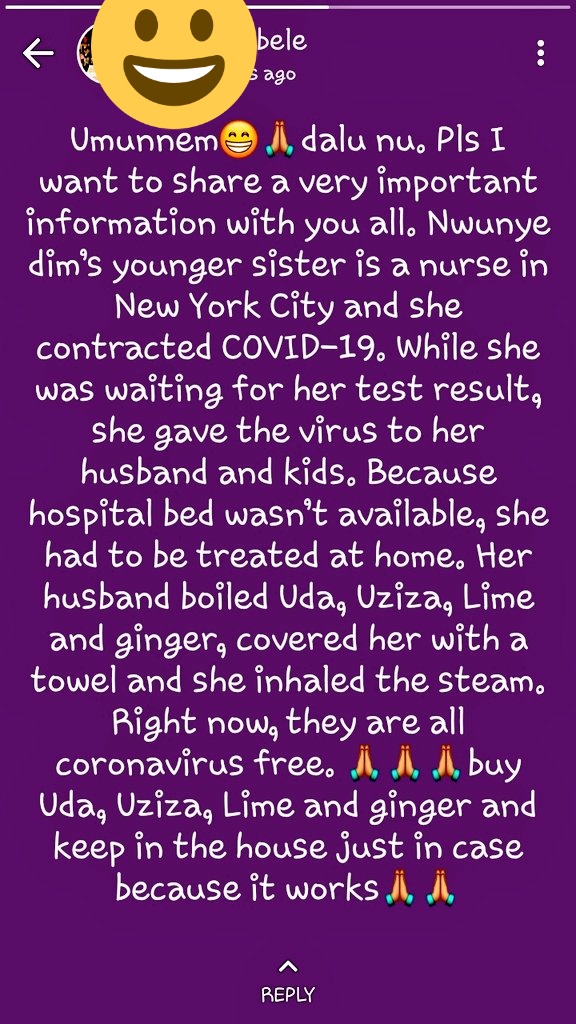 <a href="/InsideKaduna_/">Inside Kaduna</a> <a href="/BabajideFadoju/">Babajide Fadoju</a> You can try local herbs Your Excellency. It's not medically proven but boiling dogoyara tree and scent leaf and taking it mildly can make the difference. This is someone using igbo herbs in New York to cure #COVID19