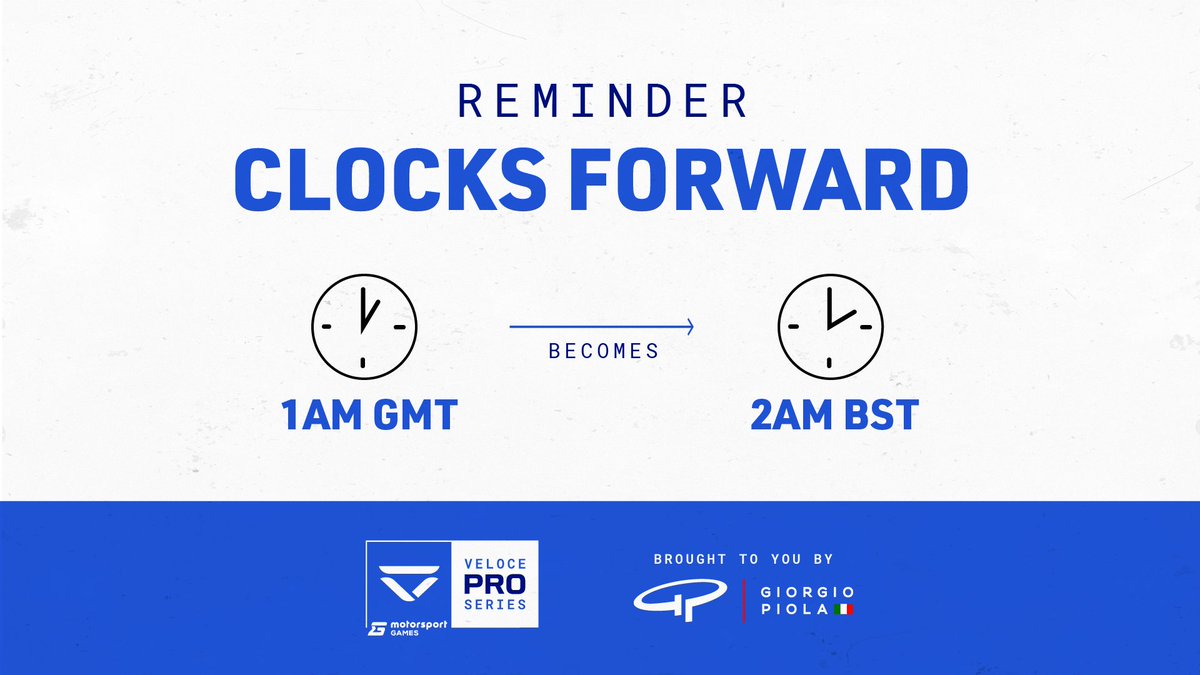 VeloceEsports's tweet image. 🕰️ Don't forget to change your clocks, you don't want to miss the #VelocePro series 😉 🤣 

Sunday 29th March 6 pm BST
LIVE on youtube.com/veloceesports
In partnership with @MSportgames
Powered by @Giorgio_Piola