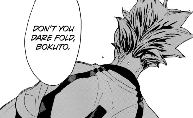and here is where furudate shocked us. we alredy knew that bokuto enjoyed and never let himself down in matches where their opponent was stronger, and with what are we blessed? fukurodani vs mujinazaka, bokuto vs kiryuu from the top 3 aces