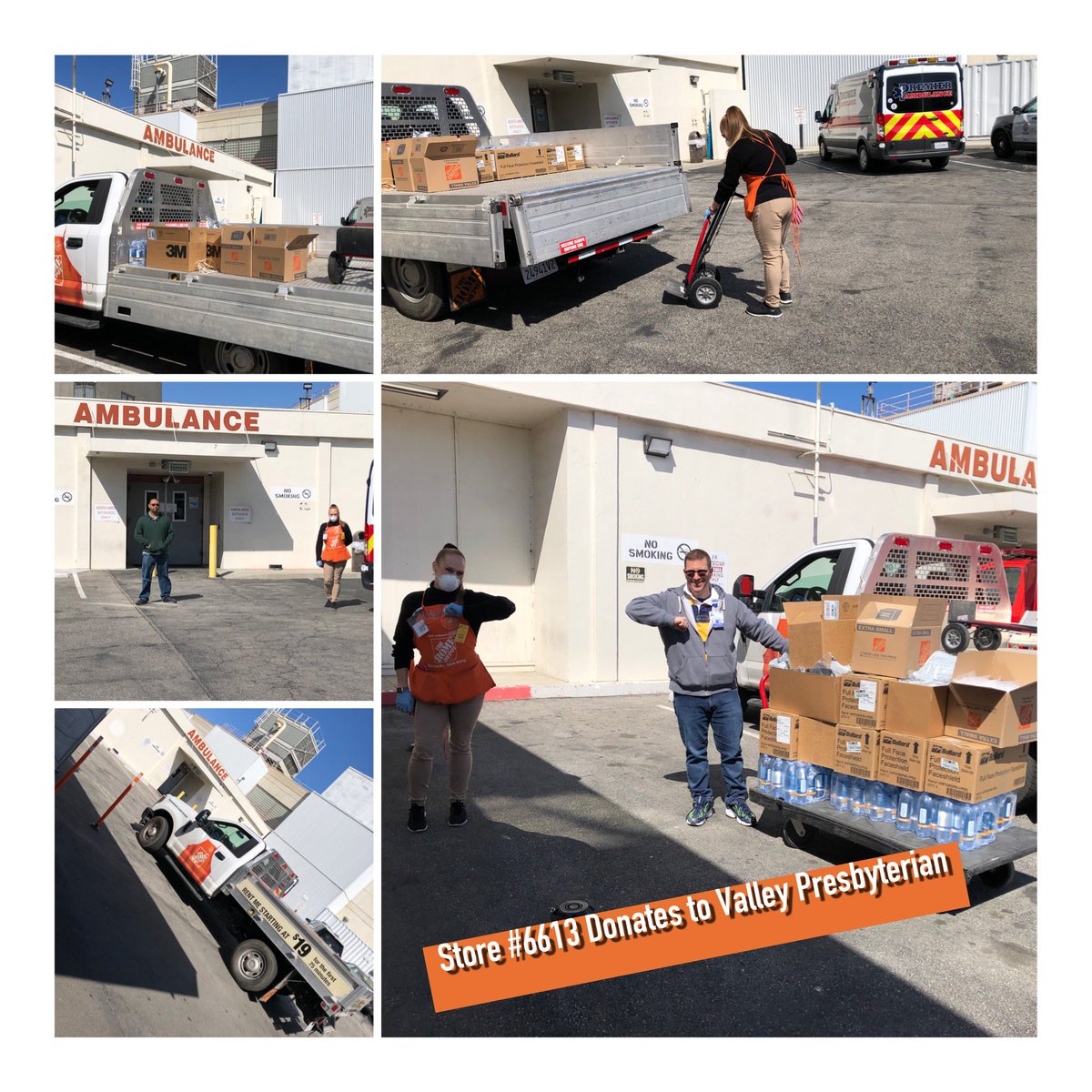 Gus_PerezHD's tweet photo. #6613NorthHollywood joining the effort to donate to those on the front line. 2 stops by Leslie Diaz , Jose Garcia , &amp; Dalila Rodriguez DS to #ValleyPresbyterian  &amp; #PacificaHospitalOftheValley to donate water,masks &amp; coveralls. @HD_JGuizar @likevike  @homedepotd174 https://t.co/jj6uK3eatL