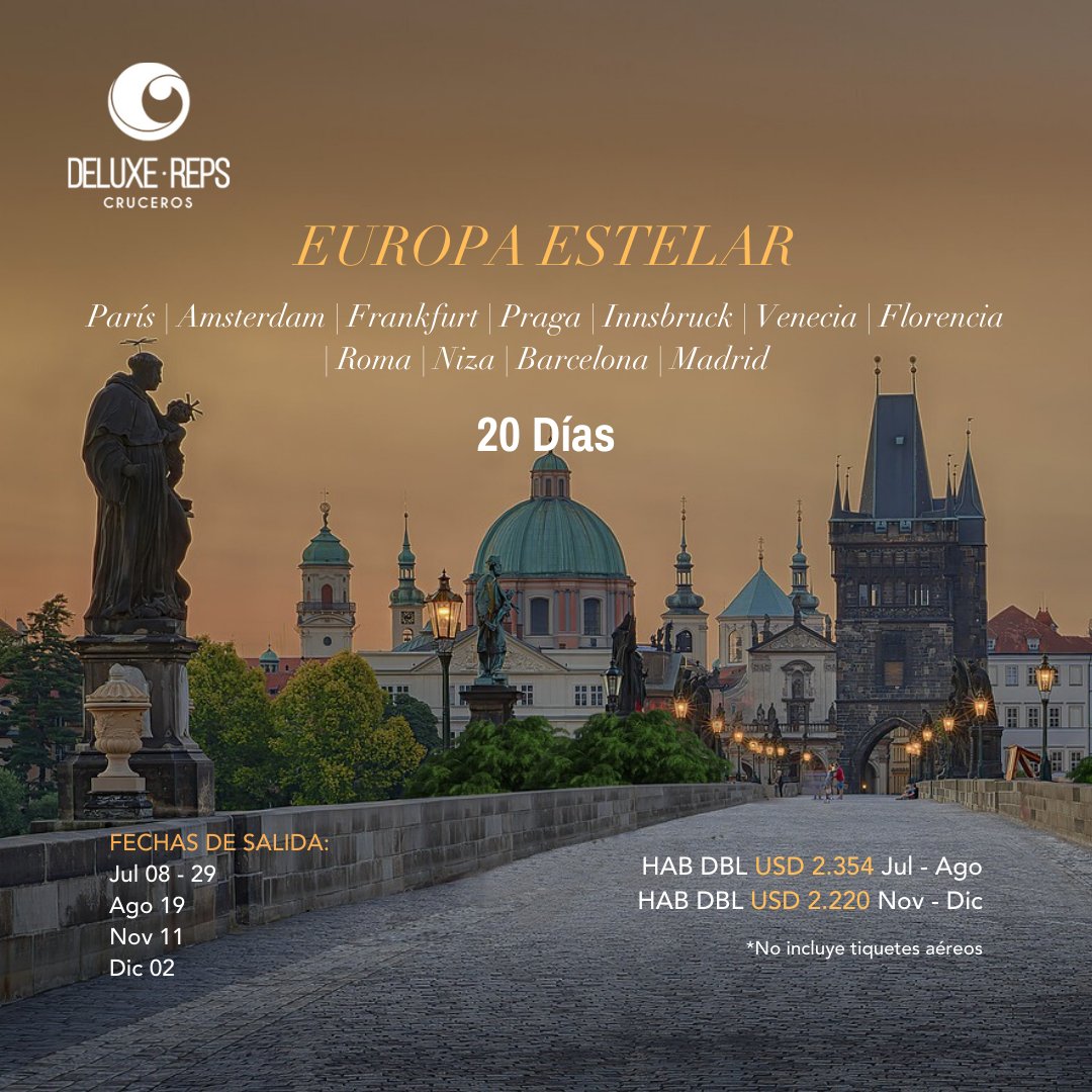 deluxerepscol's tweet photo. Una nueva oportunidad para recorrer Europa en los meses de julio, agosto, noviembre y diciembre. En Deluxe Reps creamos experiencias de viaje hechas a la medida ¿Le gustaría conocer más? 👌🏽 https://t.co/er7VShSVwE