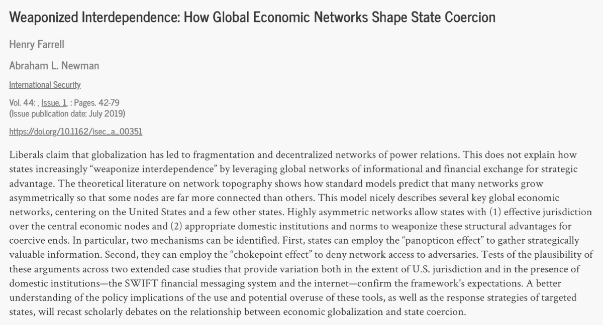VitalikButerin's tweet image. Weaponized interdependence is a key concept shaping power relations in the 21st century: mitpressjournals.org/doi/full/10.11…

Much of our economic interaction depends on centralized intermediaries, which can easily leverage this dependence for harmful ends.