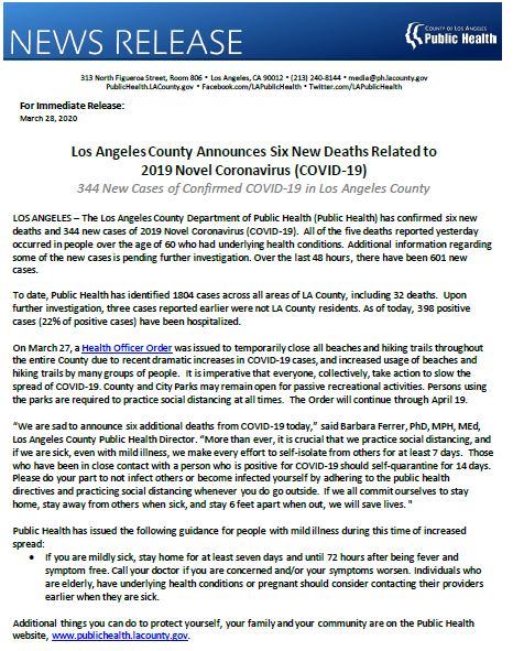 lapublichealth's tweet photo. @lapublichealth  Announces Six New Deaths Related to
 #COVID19  - 344 New Cases of Confirmed COVID-19 in LA County. 1804 cases across all areas of LA County, including 32 deaths. It is crucial we practice #SocialDistanacing  View https://t.co/kKVGEokkJW for more. https://t.co/hnBOkrKyL6