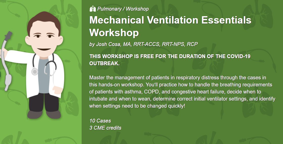Catherine Collins 💙 (@rd_catherine) on Twitter photo Ventilation 101. Simple mini-tutorials on ventilation: from principles to practice, modes and settings, ABGs, acid-base balance etc for hospital staff new to ventilated patients.... medmastery.com/course/mechani… Sign up for free access. during #Covid_19
Thanks <a href="/medmastery/">Medmastery</a> 🙏 Ventilation 101. Simple mini-tutorials on ventilation: from principles to practice, modes and settings, ABGs, acid-base balance etc for hospital staff new to ventilated patients.... medmastery.com/course/mechani… Sign up for free access. during #Covid_19
Thanks <a href="/medmastery/">Medmastery</a> 🙏
