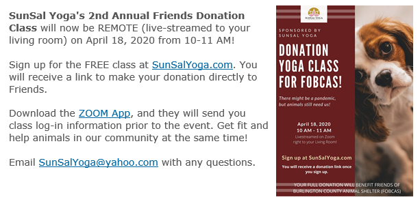 FriendsofBCAS's tweet photo. Save the Date!  SunSal will be doing their yoga fundraiser remotely streaming on Zoom!  April 18 10-11 am. Sign up at https://t.co/MyC39yQSTn #yoga #adoptdontshop #safedistance https://t.co/BkwgOsizxs