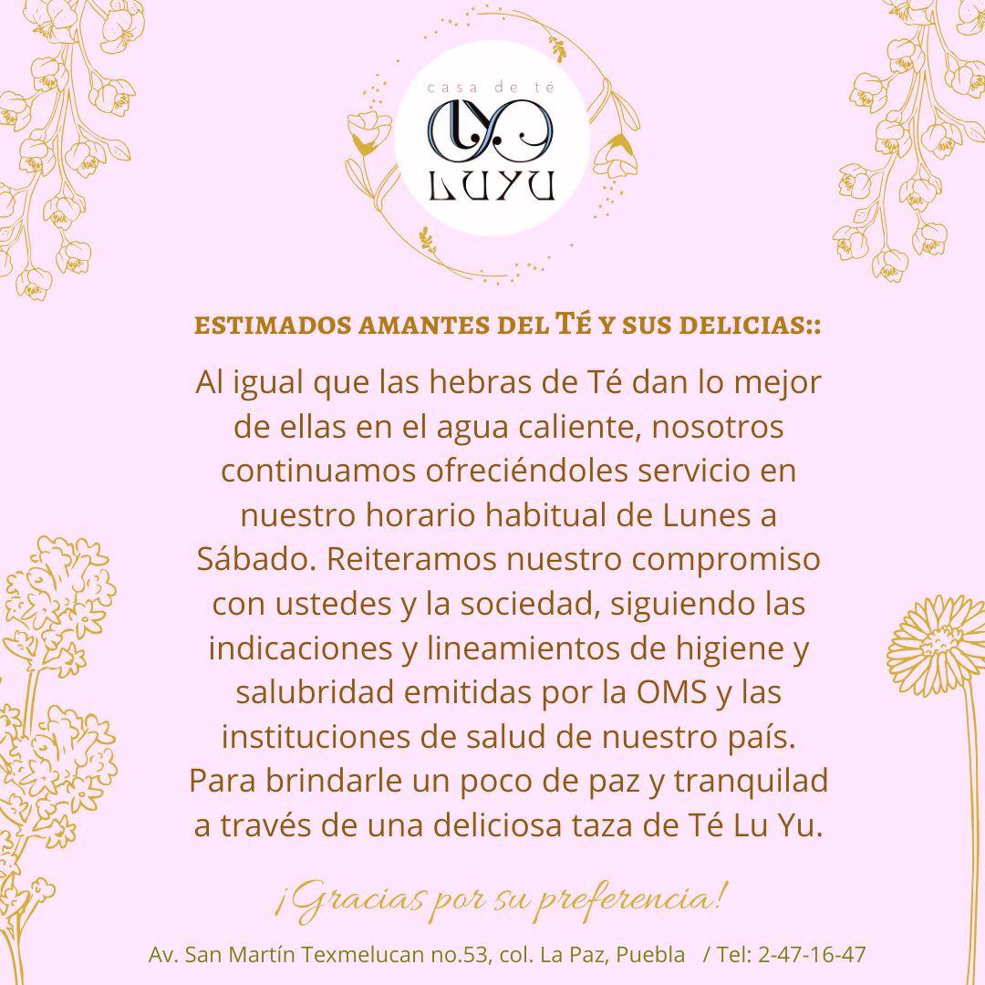 LuYu_Mexico's tweet photo. En Lu Yu te cuidamos y nos cuidamos para atenderte como mereces. Si gustas venir o si prefieres pasar por tu comida o postres favoritos, encontrarás el servicio de calidad de siempre. ¡Ayudemos al comercio local en Puebla! https://t.co/0R7OH9cJs1