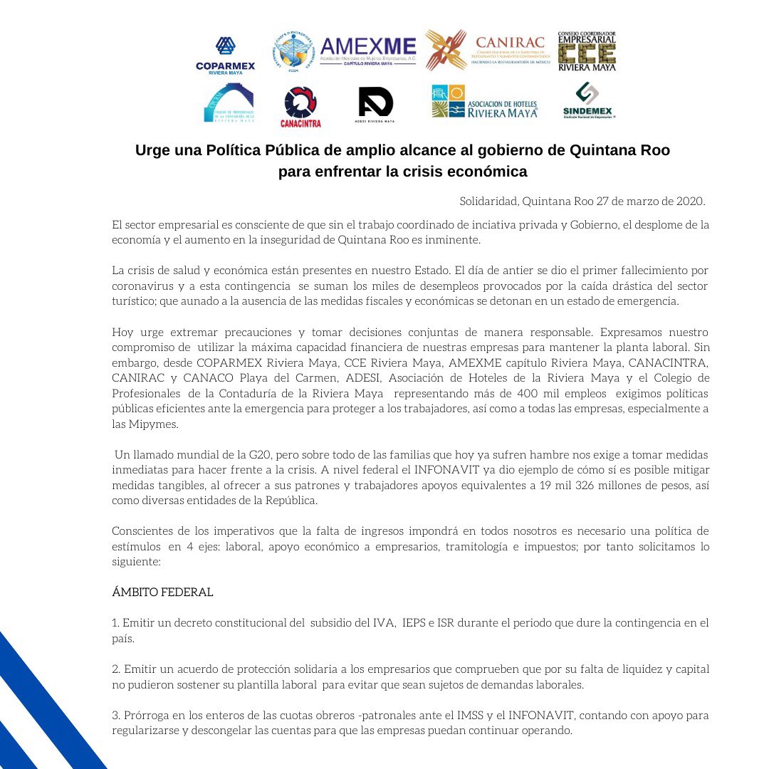 CoparmexRm's tweet photo. Hoy el sector empresarial llama al @GobQuintanaRoo @IDEFIN_QROO @SEDEQROO @Sefiplanqroo al trabajo conjunto con el objetivo de evitar el desplome de la economía y salvaguardar los empleos. #EmpresariosporQroo #COVID19mx https://t.co/1PfM1eUvJE