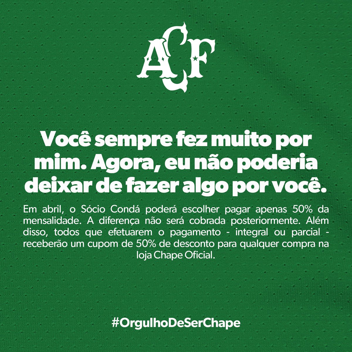 SÓCIO CONDÁ! 🏹💚⚽

Se as coisas estiverem complicadas por aí, no mês de abril você poderá escolher pagar apenas 50% do valor da sua mensalidade. 

Isto é para mostrar que nós não podemos estar perto, mas sempre estaremos juntos! 

#VamosChape #OrgulhoDeSerChape #FiqueEmCasa